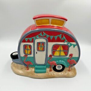 Flamingo Camper Cookie Jar Complete w/Lid- 10" L x 5" W x 6" H Cookies Not Inclu